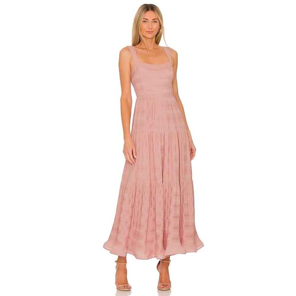 Jonathan Simkhai Tiered Midi Dress 8 Rose Pink Smocked Textured Summer Wedding‎